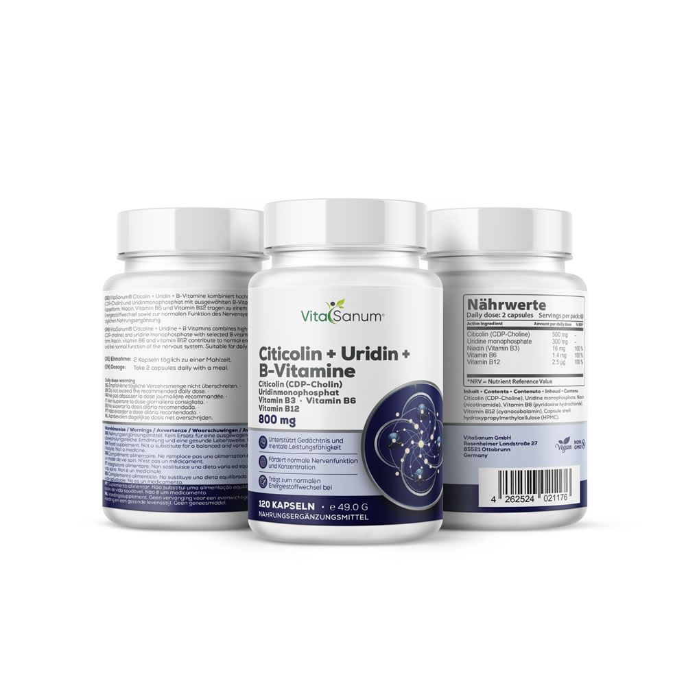 Drei Flaschen VitalSanum Citicolin + Uridin + B-Vitamine Nahrungsergänzungsmittel mit 120 Kapseln.