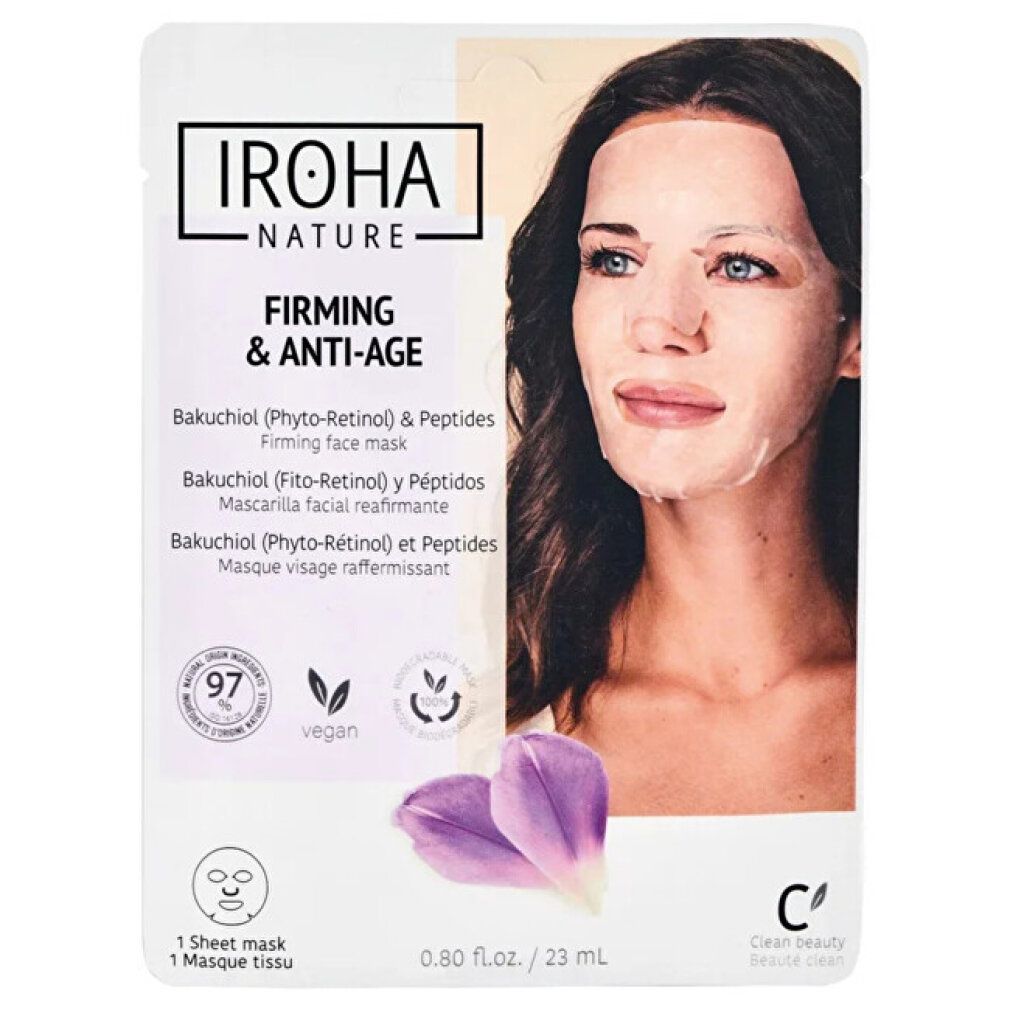 Iroha Nature Gesichtsmaske: Festigend & Anti-Aging mit Bakuchiol & Peptiden. 1 Sheet Mask, 23 ml.