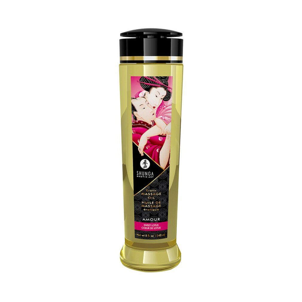 Massageölflasche mit Lotusblüte. Das Etikett zeigt ein Paar und den Produktnamen.