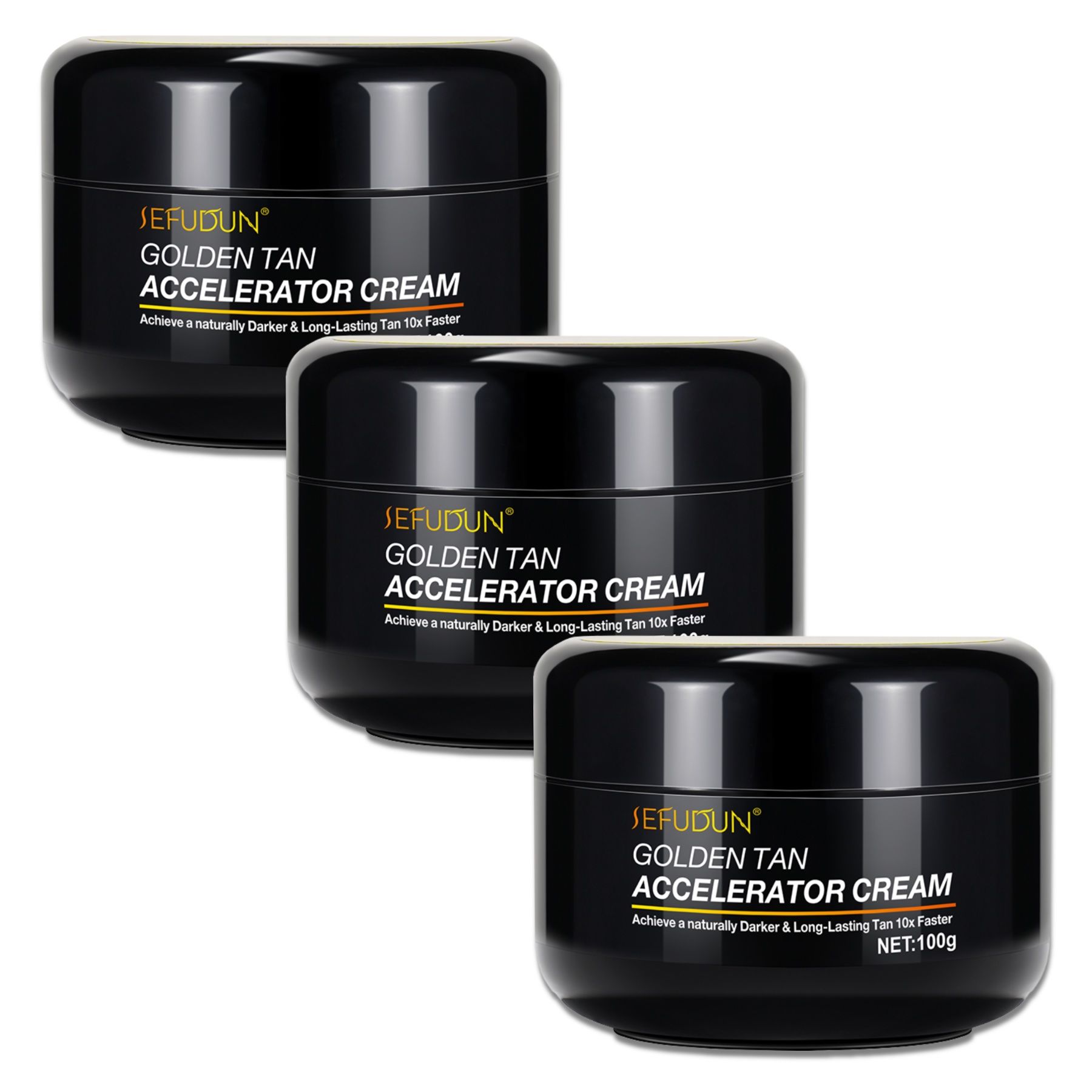 Drei schwarze Tiegel mit SEFUDUN Golden Tan Accelerator Cream-Etikett. Schwarze Deckel, runde Form.