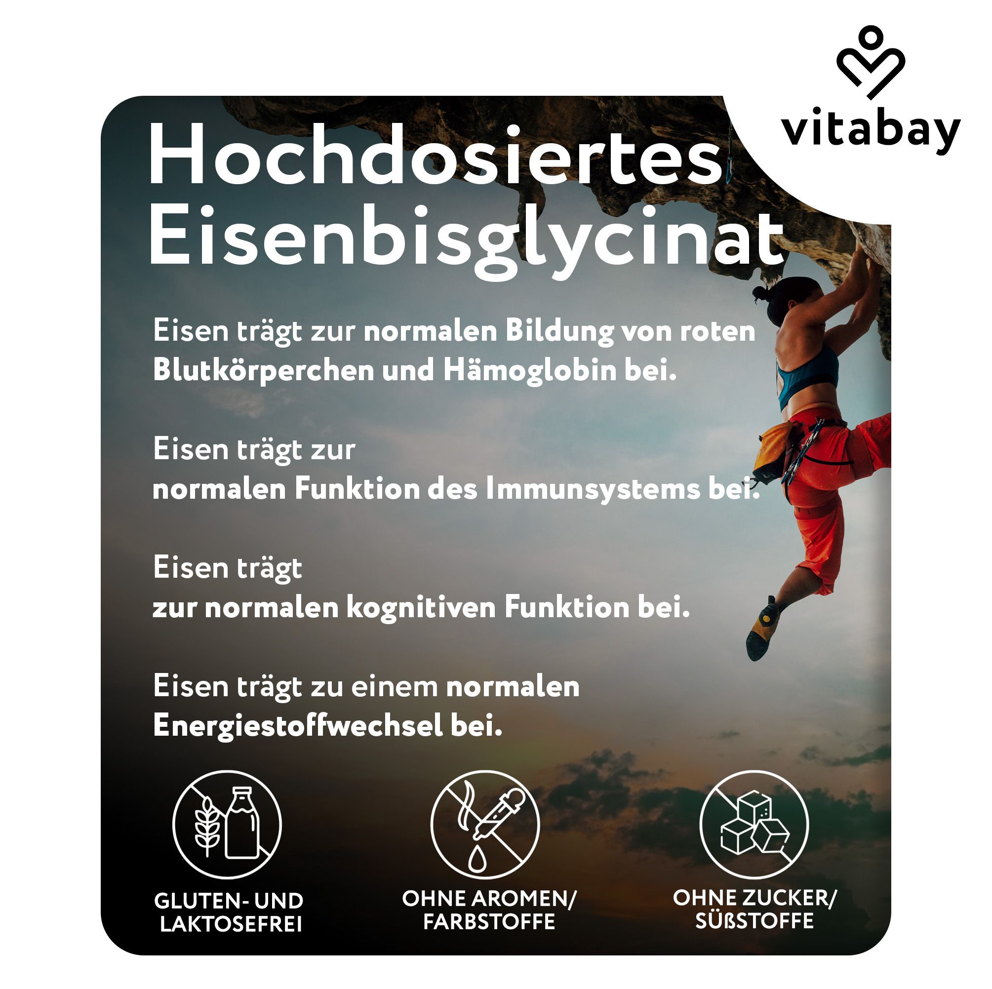 Werbetext mit Informationen zu Eisen. Logo Vitabay. Symbole für glutenfrei, ohne Aromen/Farbstoffe, ohne Zucker/Süßstoffe.