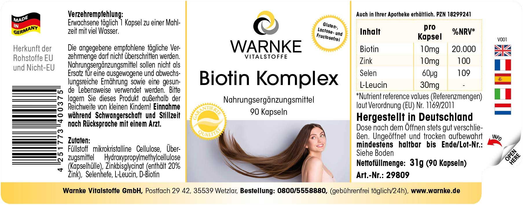 Etikett mit Inhaltsangaben und Warnke Vitalstoffe Logo. Enthält Biotin, Zink, Selen, L-Leucin. 90 Kapseln. Hergestellt in Deutschland.