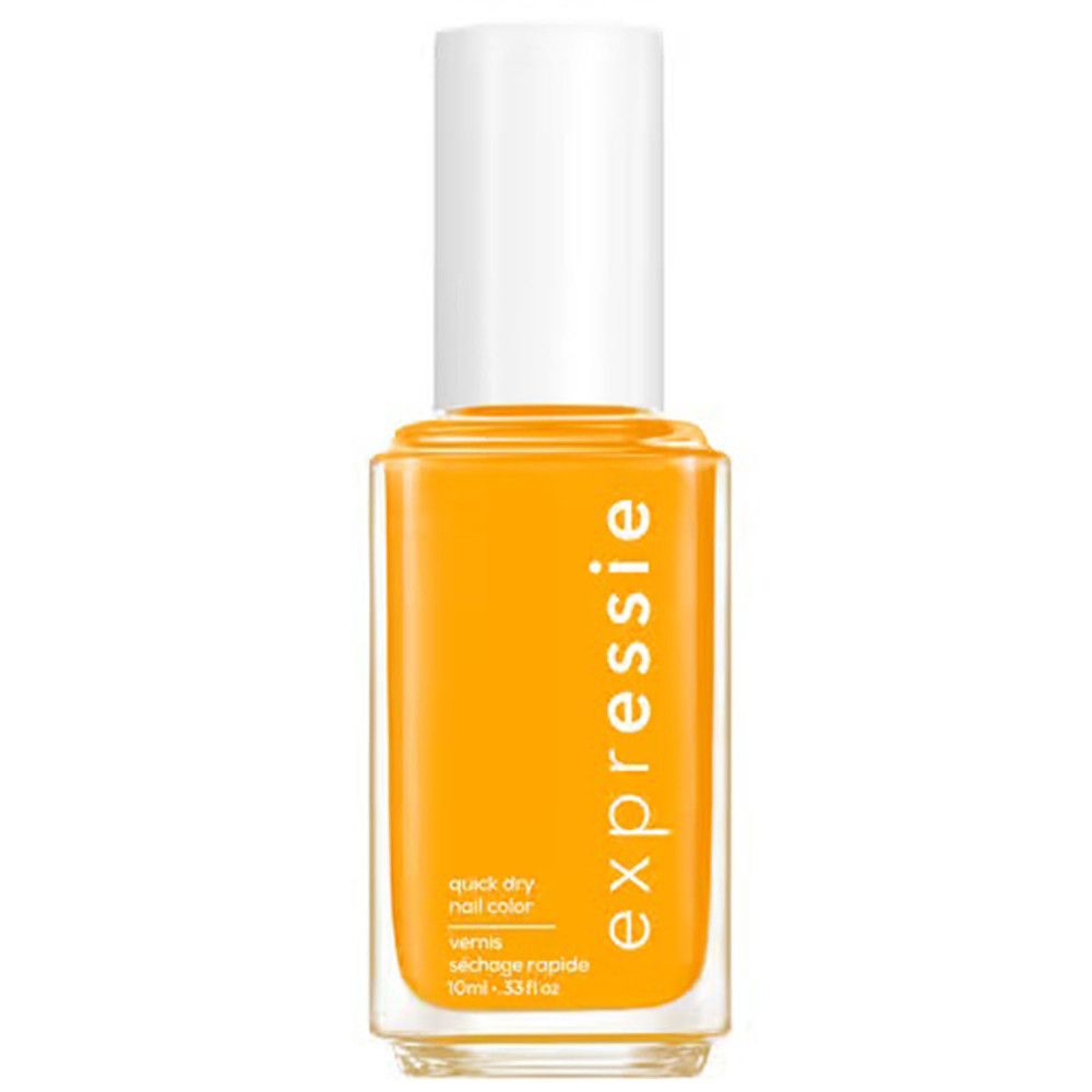 Essie Expressie Nagellack-Fläschchen. Gelbe Farbe, weißer Deckel. Aufschrift 'expressie'.