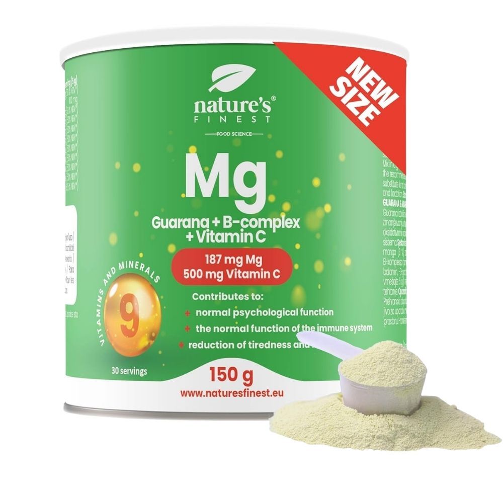 Dose mit Magnesium, Guarana, B-Komplex, Vitamin C. Pulver und Messlöffel daneben. "NEW SIZE" Aufkleber.