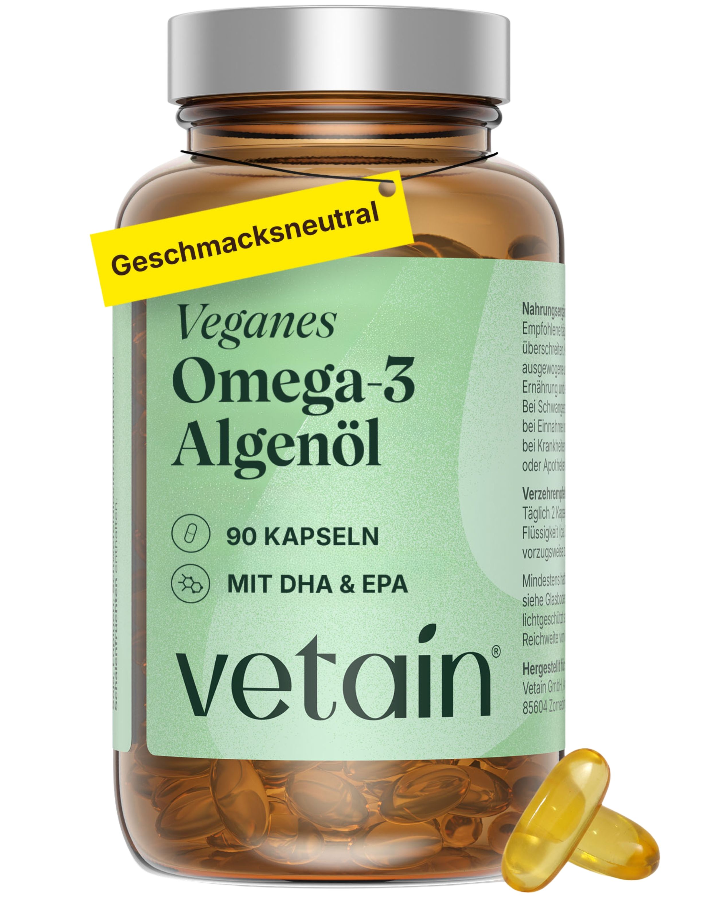 VETAIN Veganes Omega-3 Algenöl Kapseln, 90 Stück, mit DHA & EPA.
