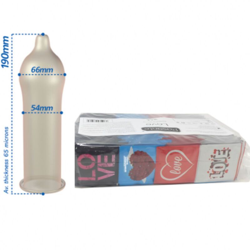 Kondom mit Maßangaben: 190mm lang, 66mm und 54mm Durchmesser. Daneben eine Packung mit LOVE-Motiven.