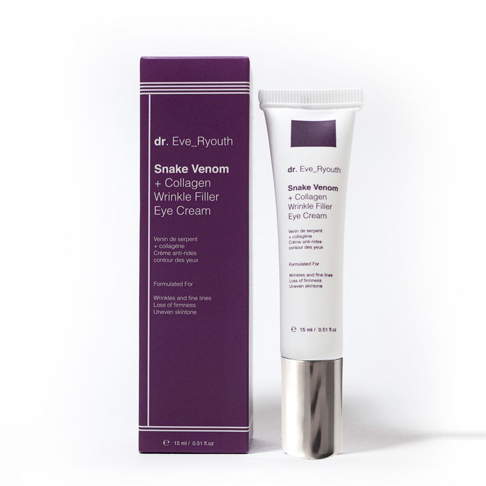 Dr. Eve_Ryouth Schlangengift + Kollagen Augencreme in lila Kartonverpackung und weißer Tube.