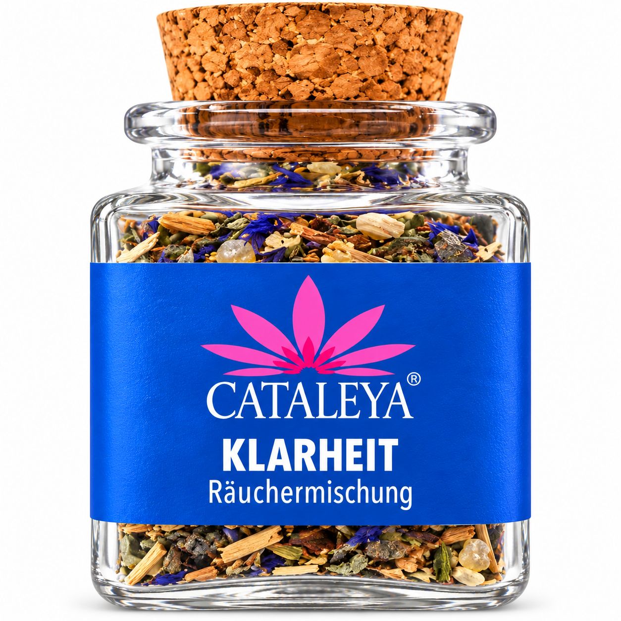 Glasflasche mit Räuchermischung und Korkverschluss. Blaue Banderole mit pinker Blüte und Produktnamen.