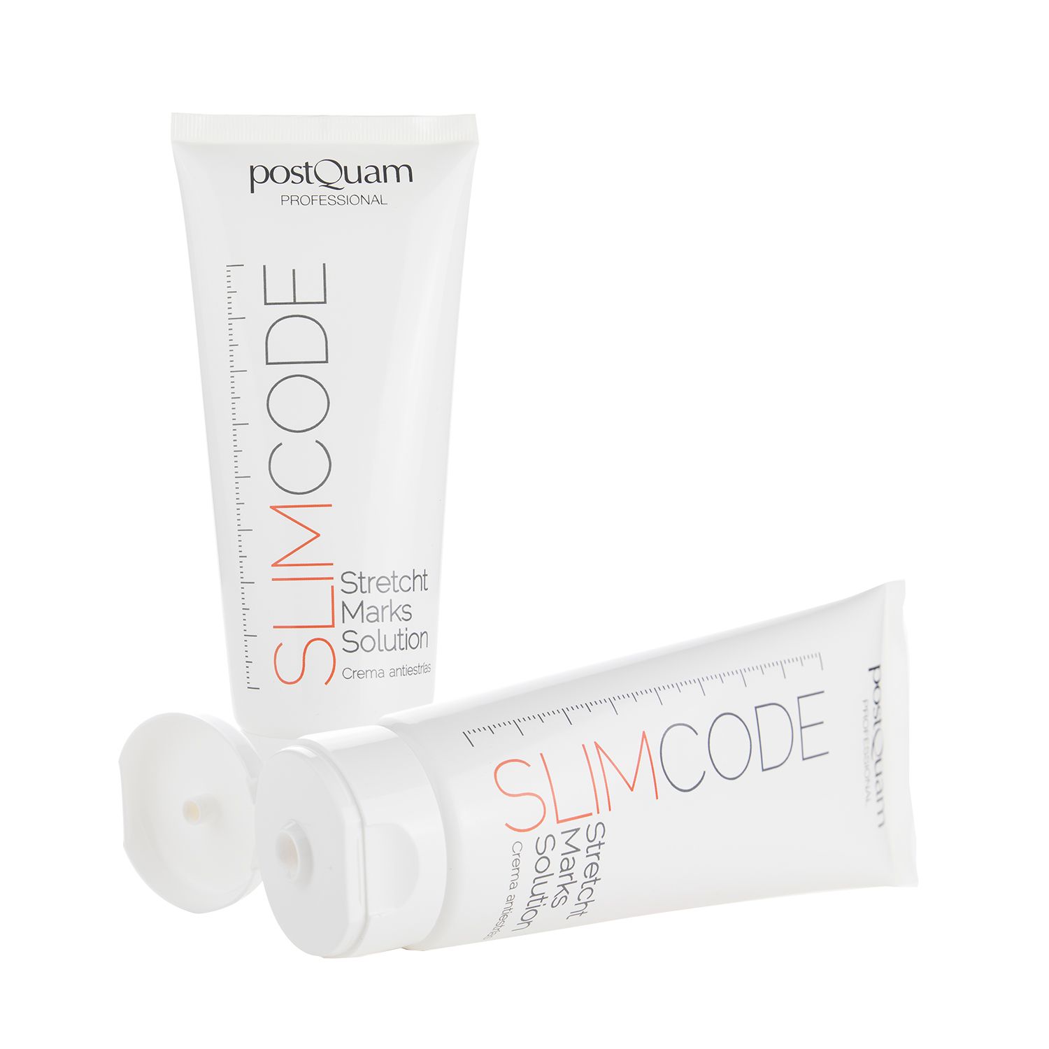 Weiße Tube mit roter Aufschrift SLIMCODE und Stretch Marks Solution. Offener Deckel. Marke Postquam.
