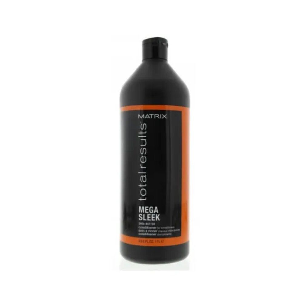 Schwarze Flasche mit orangefarbenem Streifen. Aufschrift: Matrix Total Results Mega Sleek Conditioner. Volumen: 33.8 fl.oz/1L.