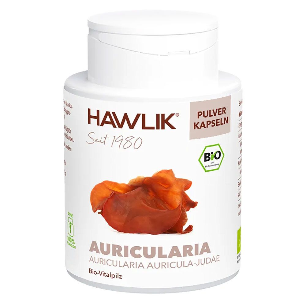 Weiße Flasche mit Kapseln. Aufschrift: HAWLIK, Auricularia Pulver Kapseln, Bio-Vitalpilz. Bio-Siegel.