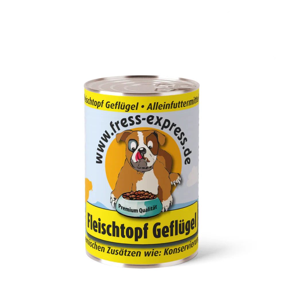 Hundefutterdose. Aufschrift: fress-express, Fleischtopf Geflügel. Abbildung eines Hundes. Gelber Hintergrund.
