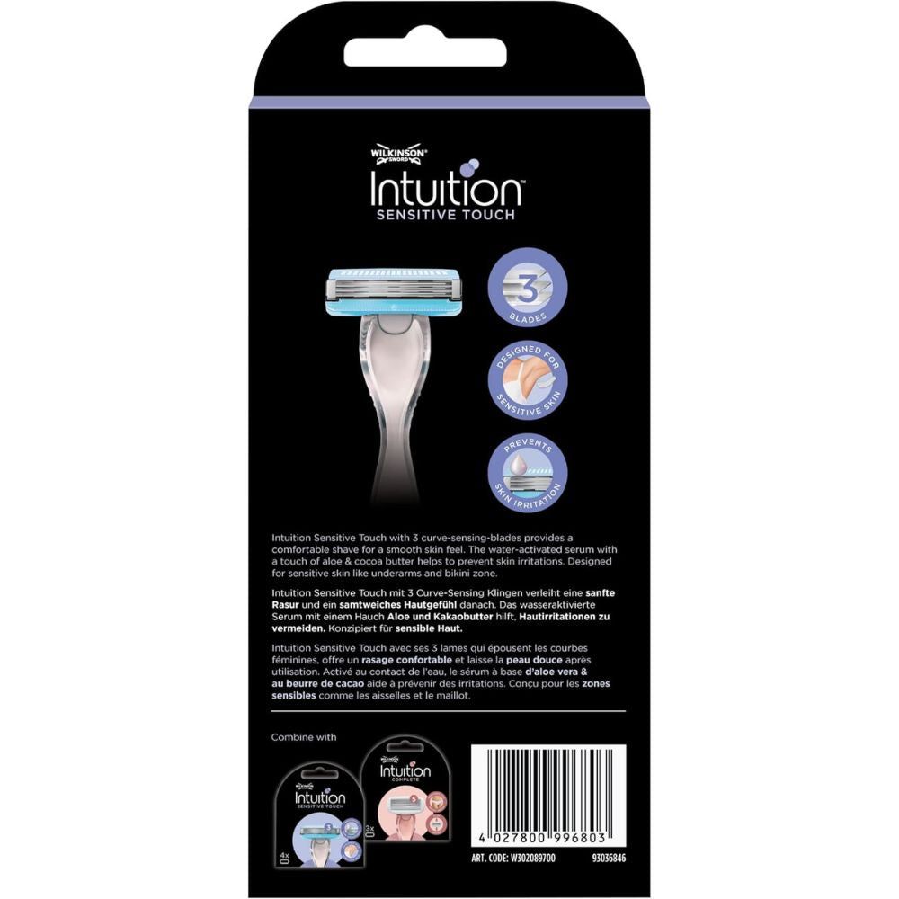 Rückseite der Verpackung des Wilkinson Sword Intuition Sensitive Touch Damenrasierers. Produktinformationen und Logos.