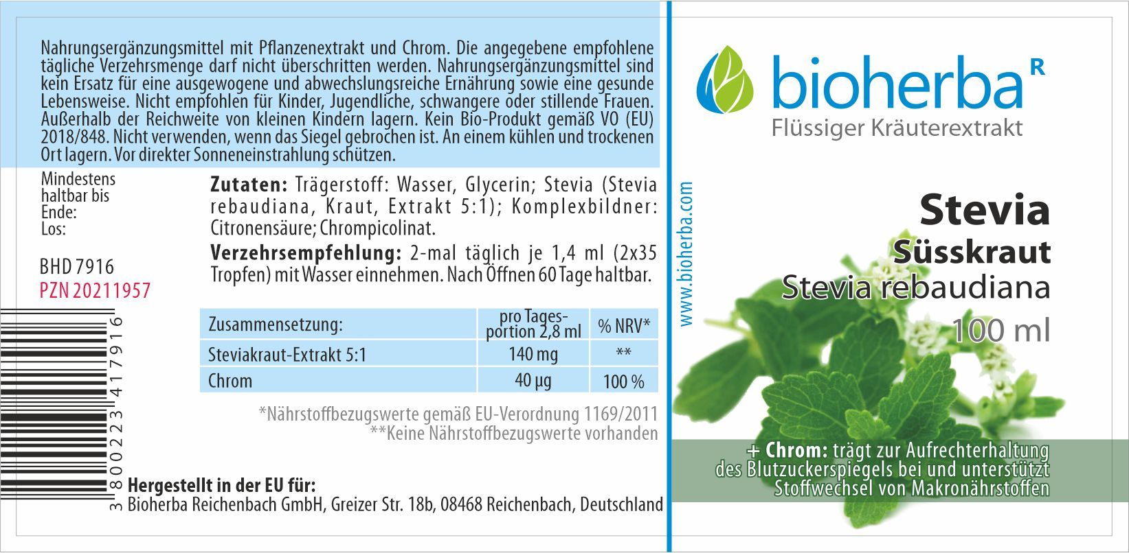Etikett mit Produktinformationen. Bioherba Stevia Süsskraut Tinktur, 100 ml. Zutaten, Nährwertangaben, Verzehrempfehlung.