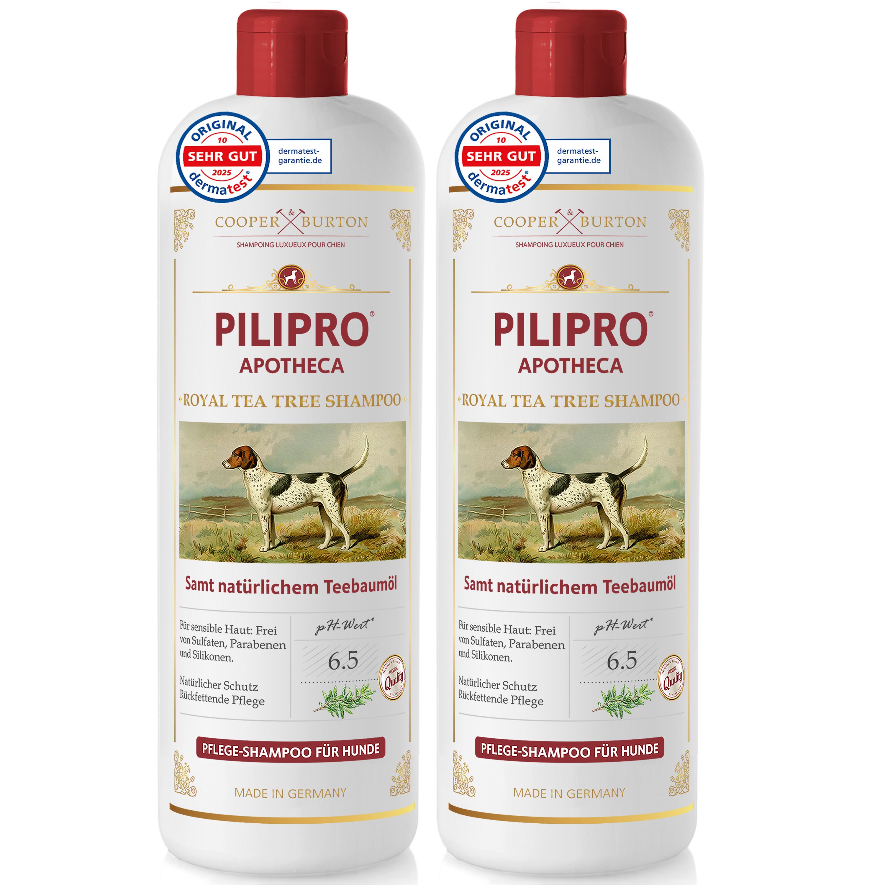 Zwei Flaschen PILIPRO APOTHECA Royal Tea Tree Shampoo. Roter Deckel. Dermatest Siegel. Aufschrift: Pflege-Shampoo für Hunde. Made in Germany.