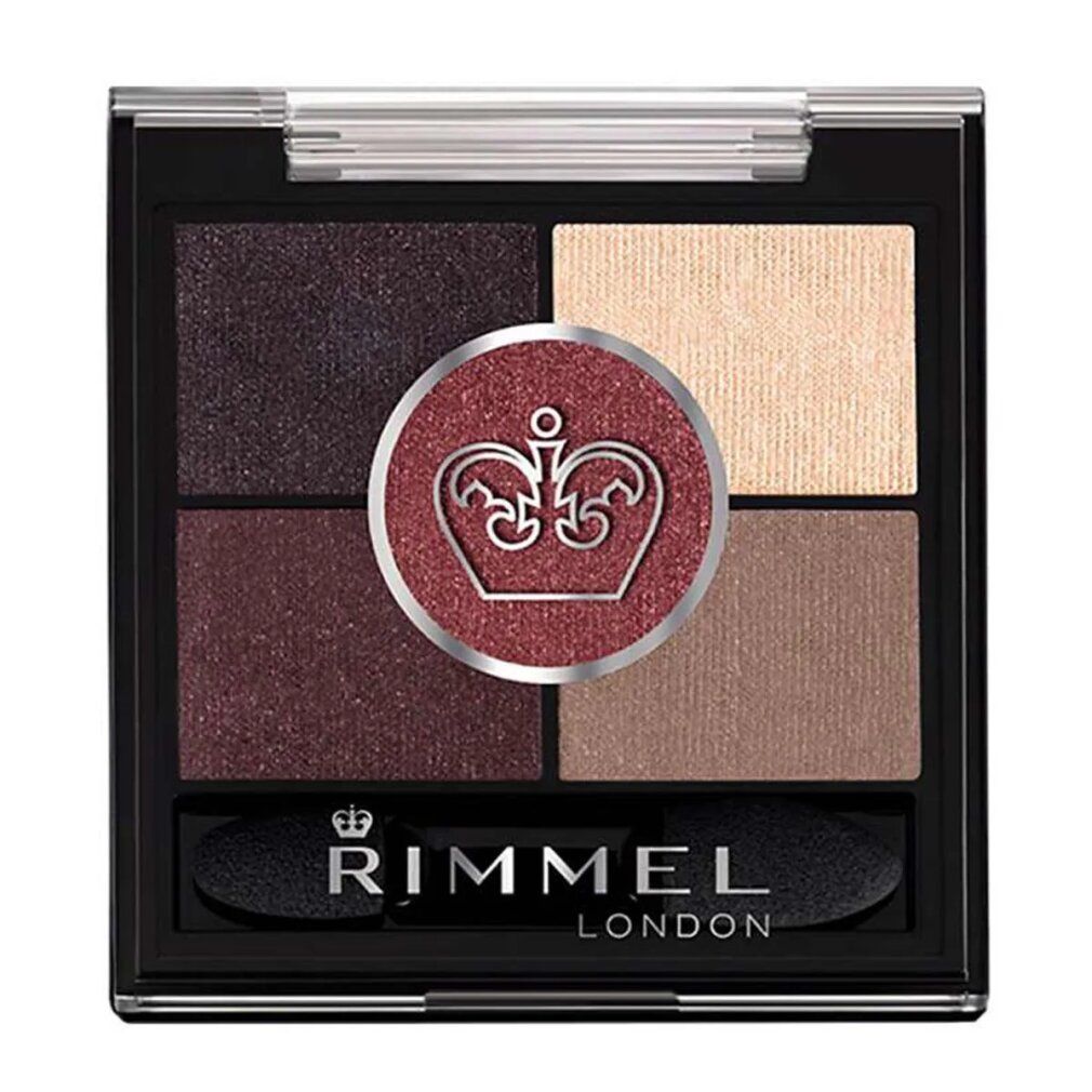 Lidschatten-Palette mit fünf Farben. Rimmel London Logo und Applikator. Braune und beige Farbtöne.
