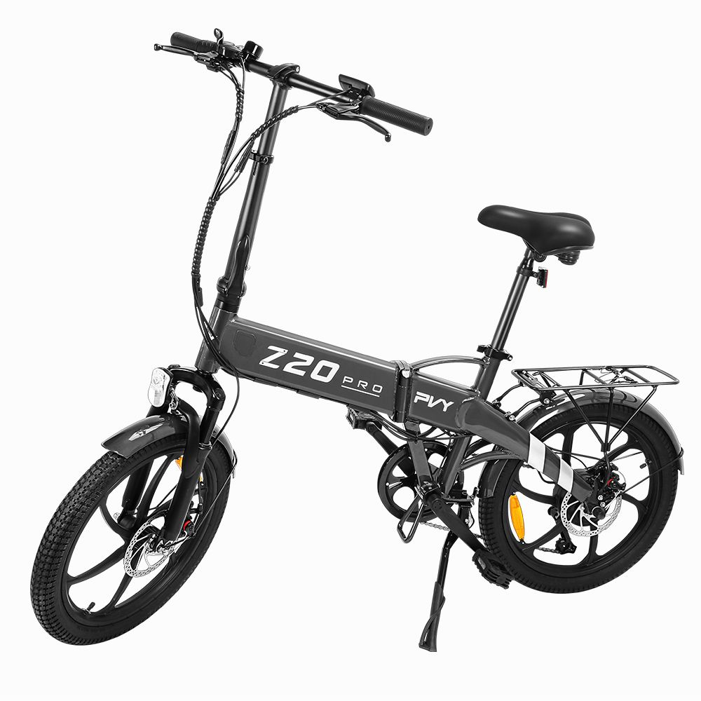Faltbares E-Bike PVY Z20 Pro, schwarz, mit Gepäckträger. Shimano 6-Gang-Schaltung. Sichtbare Details.
