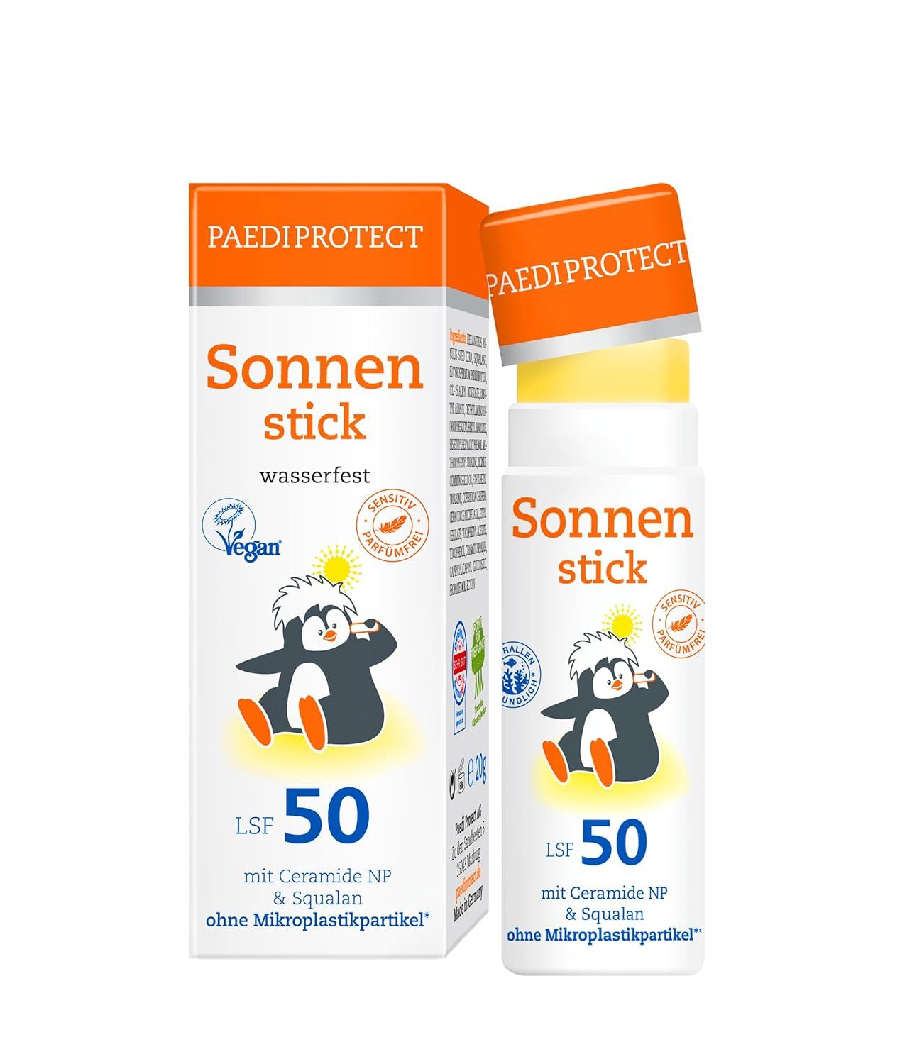 Sonnenstick LSF 50, wasserfest. Verpackung und Stick mit Pinguin-Illustration. Vegan-Siegel. Produktname und LSF-Wert deutlich sichtbar.