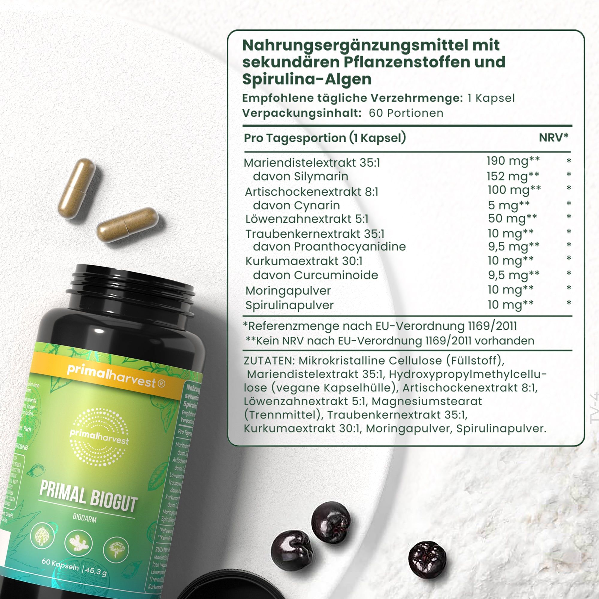 Nahrungsergänzungsmittel mit Zutatenliste. Flasche mit Kapseln. Text: Primal Biogut. 60 Portionen. Inhaltsstoffe.