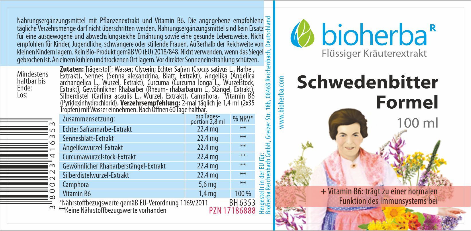 Etikett mit Produktname, Logo und Abbildung. Text: "Schwedenbitter Formel". Zutatenliste und Nährwertangaben. Flasche nicht sichtbar.