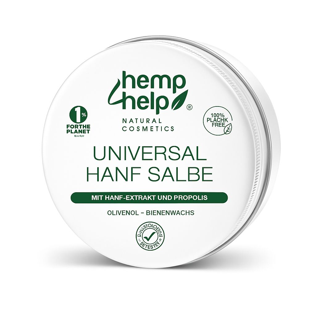 Dose "hemp help"-Salbe. Text: Universal Hanf Salbe. Inhaltsstoffe: Hanfextrakt und Propolis, Olivenöl, Bienenwachs. Logo: Dermatologisch getestet.