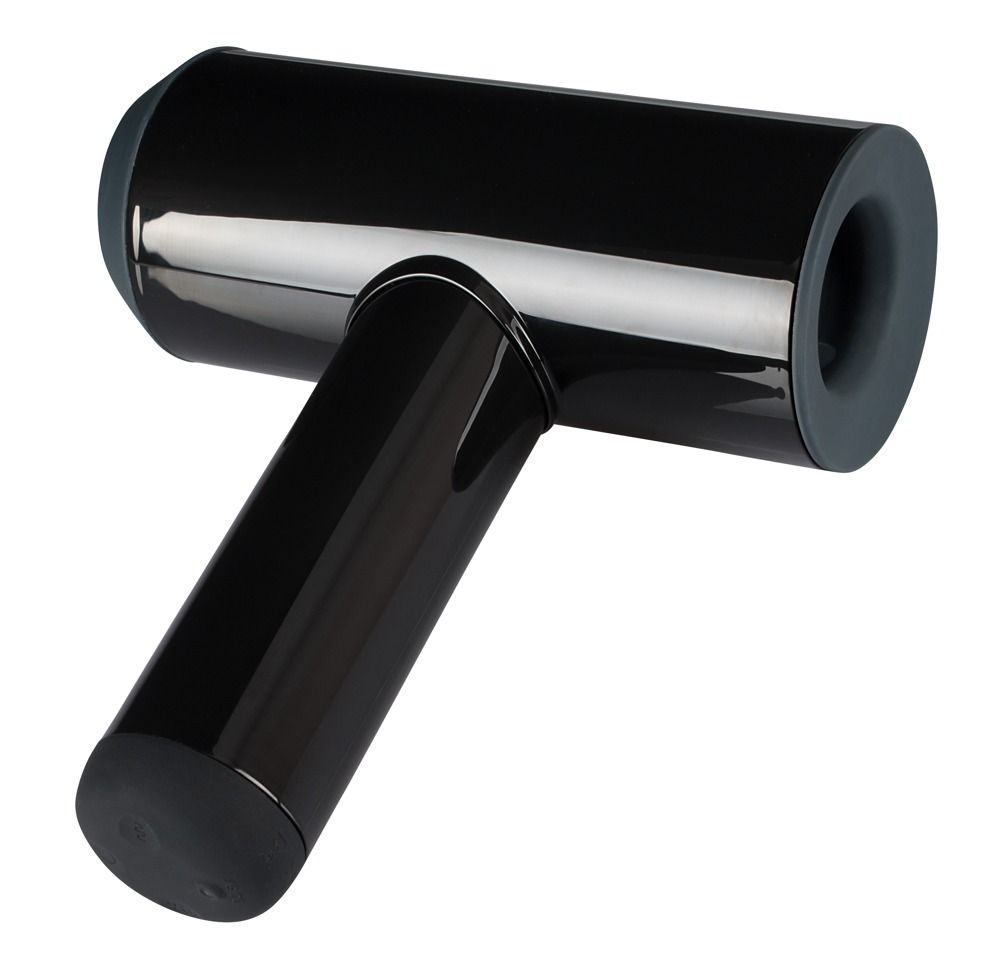 Schwarzes Gerät mit zylindrischem Hauptteil und abgewinkeltem Griff. Graue Akzente an den Enden.