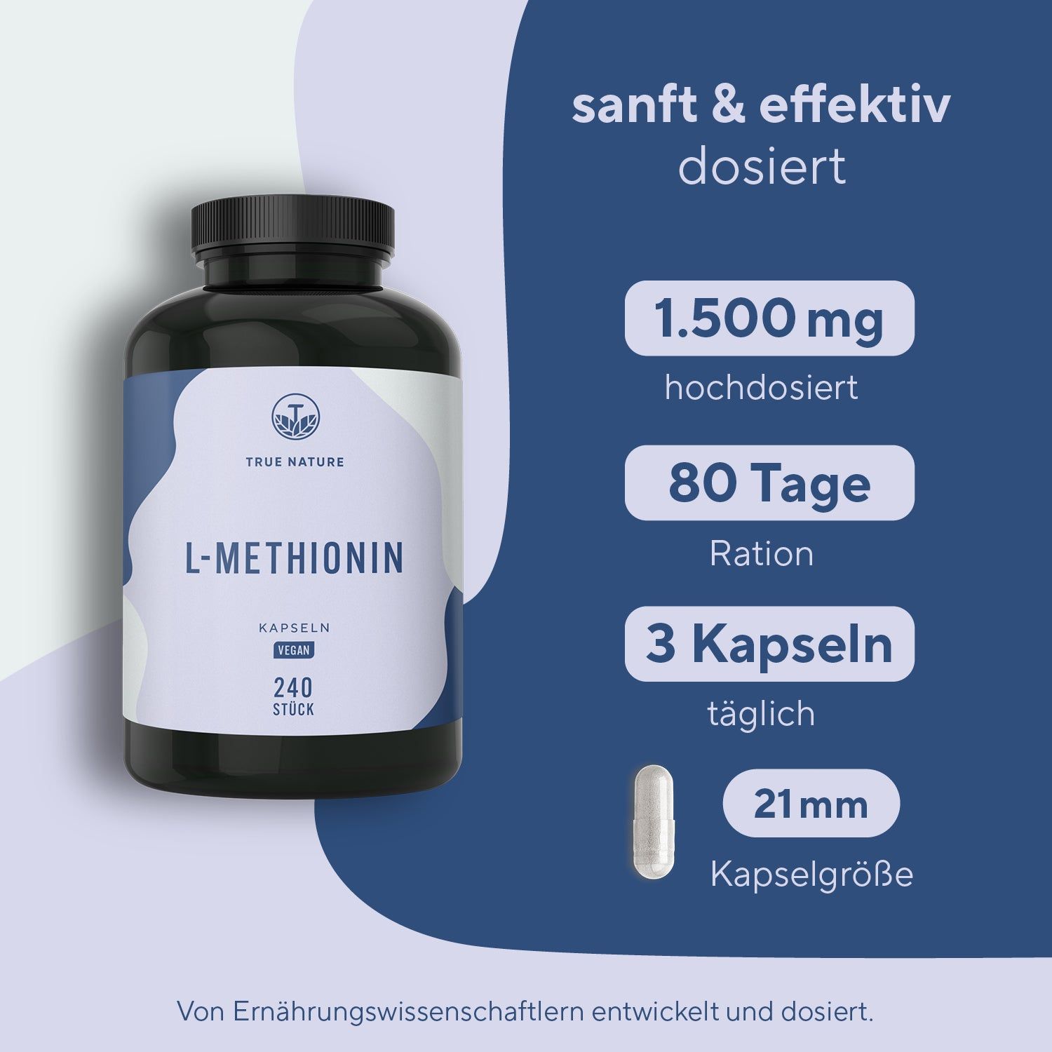 Produktflasche neben Infografik. Angaben: 1.500 mg, 80 Tage Ration, 3 Kapseln täglich, 21 mm Kapselgröße. Text: sanft & effektiv dosiert.