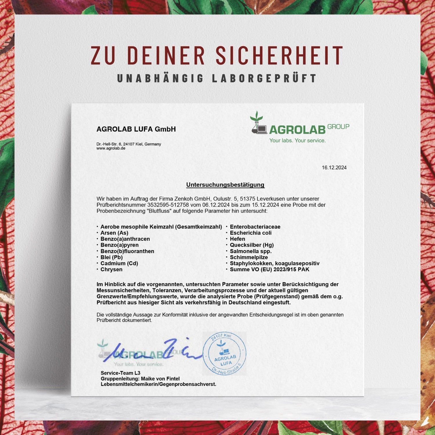 Zertifikat der AGROLAB LUFA GmbH. Text: ZU DEINER SICHERHEIT. Unabhängig laborgeprüft. Untersuchungsergebnisse für BLUTFLUSS.