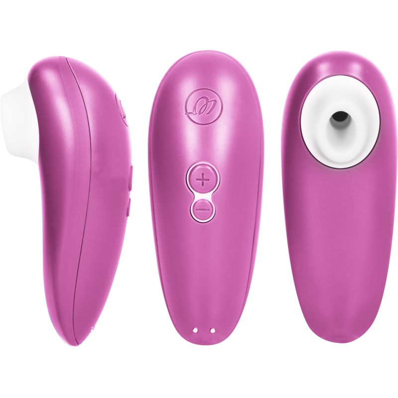Drei Ansichten eines lila Vibrators: Seite, Vorderseite mit Tasten, Vorderseite mit Stimulationskopf.