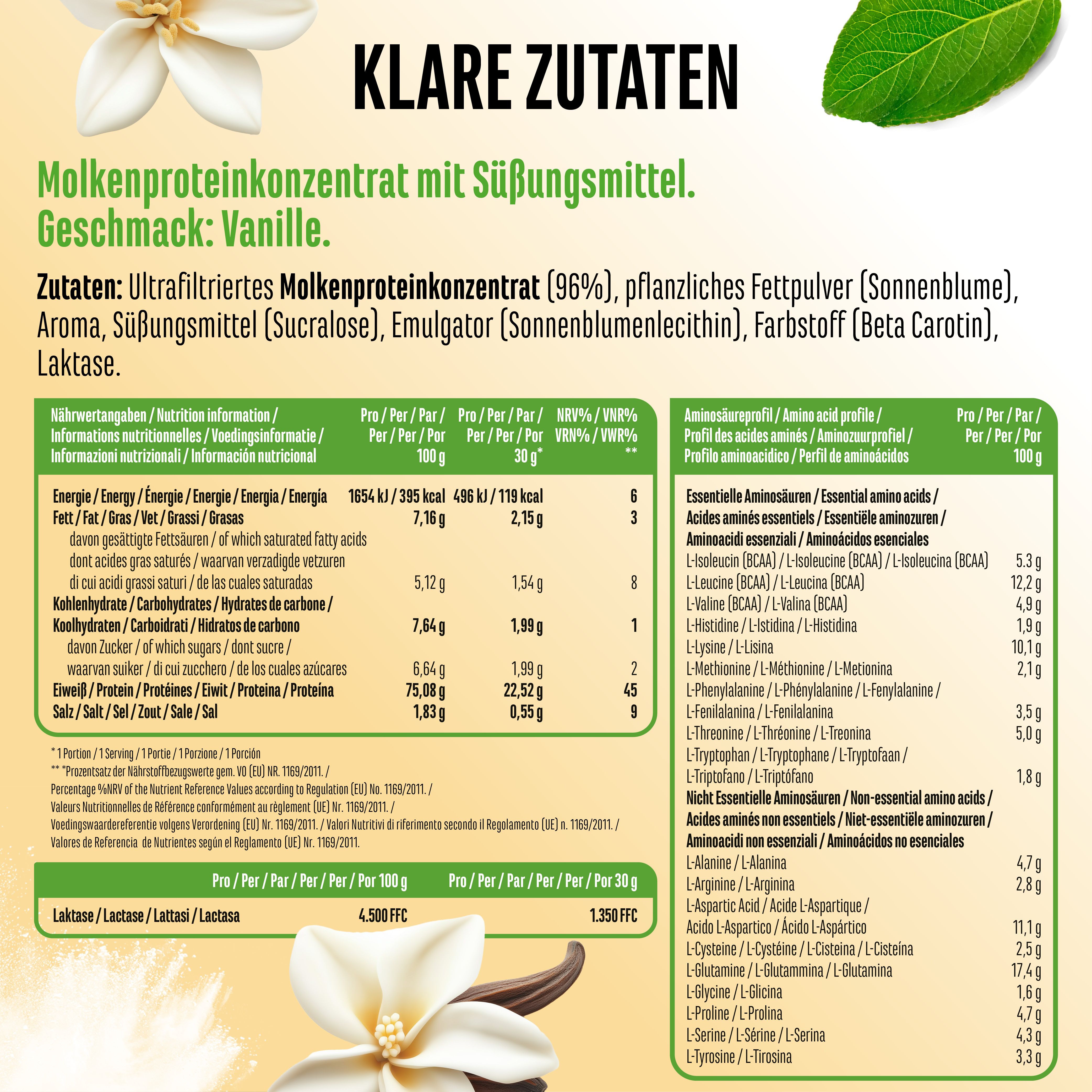 Nährwerttabelle und Zutatenliste für Yummy Whey Protein. Geschmack: Vanille. Mit Vanilleschote.
