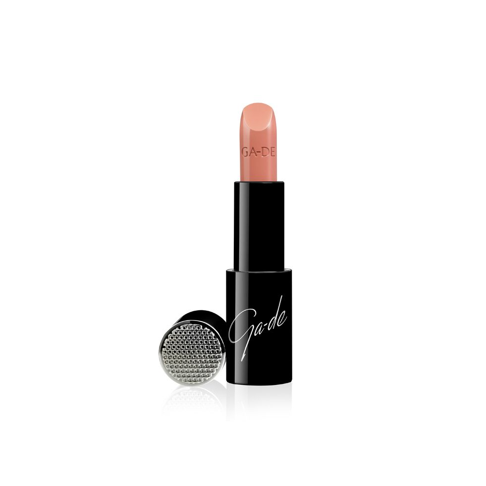 Lippenstift mit schwarzem Gehäuse und hellem Lippenstift. Auf dem Gehäuse steht "Ga-De".