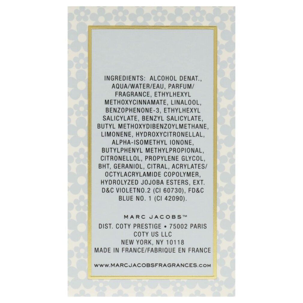 Rückseite der Verpackung mit Inhaltsstoffen und Herstellerinformationen. Marc Jacobs, Coty Prestige.