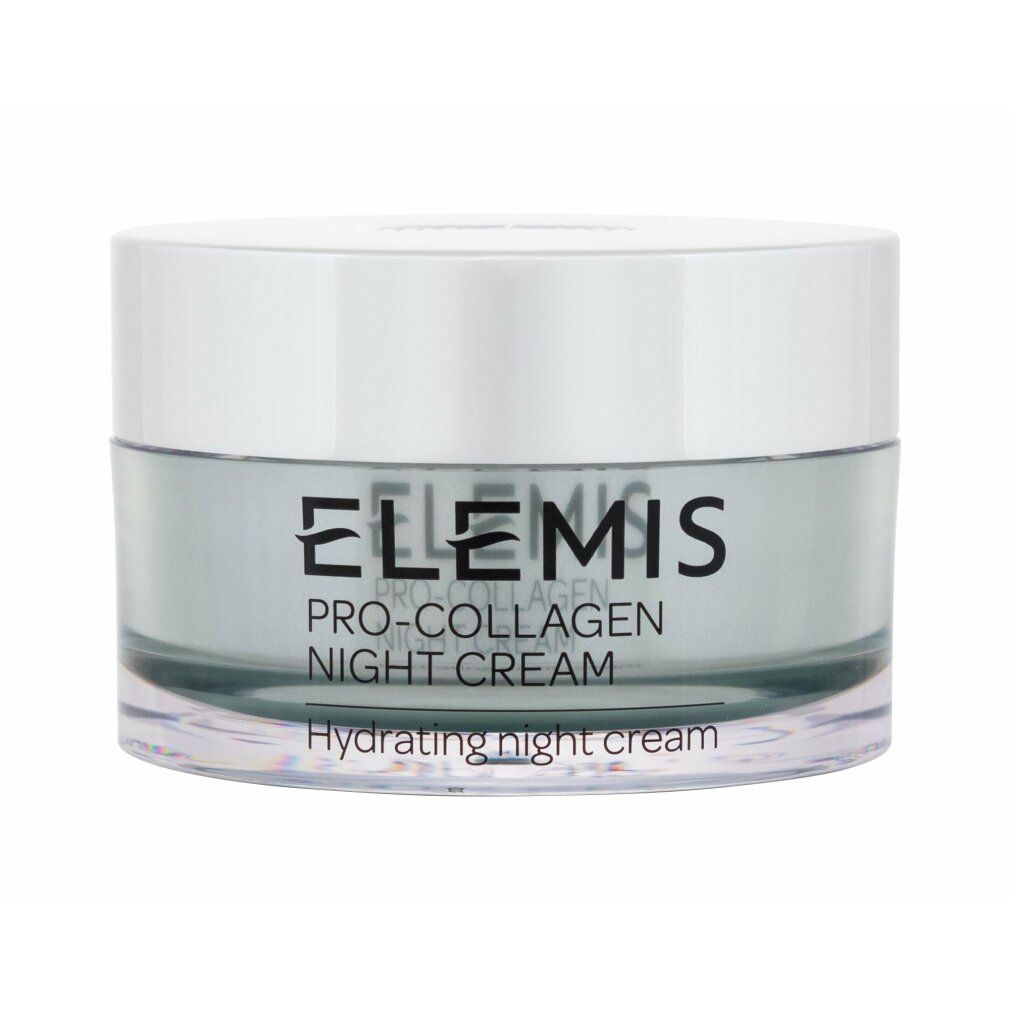 Glasbehälter mit weißem Deckel. Aufschrift: Elemis Pro-Collagen Night Cream. Untertitel: Hydrating night cream.