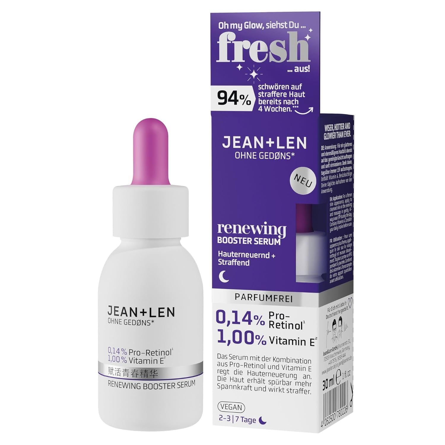 Produktverpackung mit Flasche und Karton. Aufschrift: JEAN+LEN Renewing Booster Serum. 0,14% Pro-Retinol, 1,00% Vitamin E. Vegan.