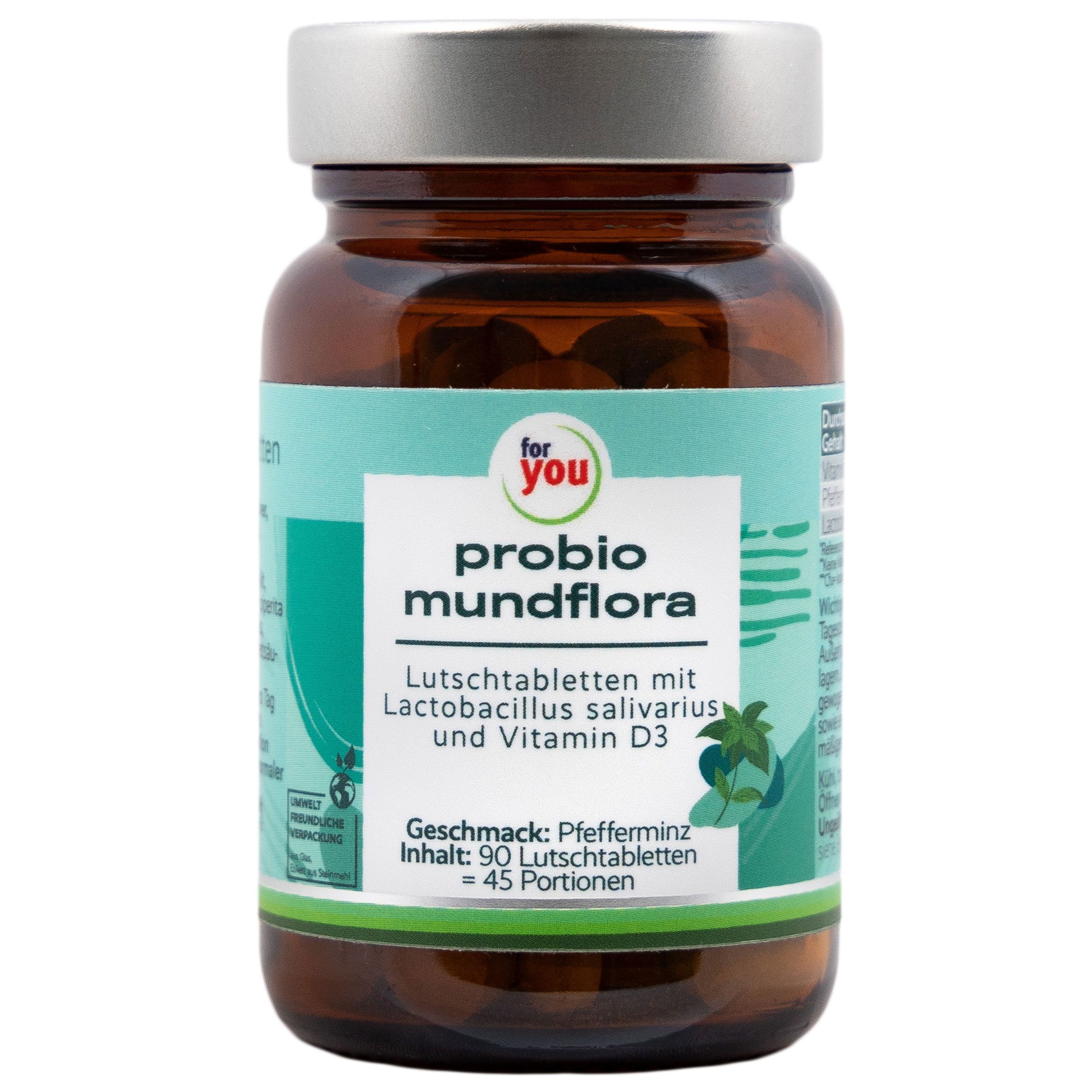 Braune Glasflasche mit Tabletten. Aufschrift: probio mundflora. Türkis-weißes Etikett. Pfefferminz-Geschmack. 90 Lutschtabletten.