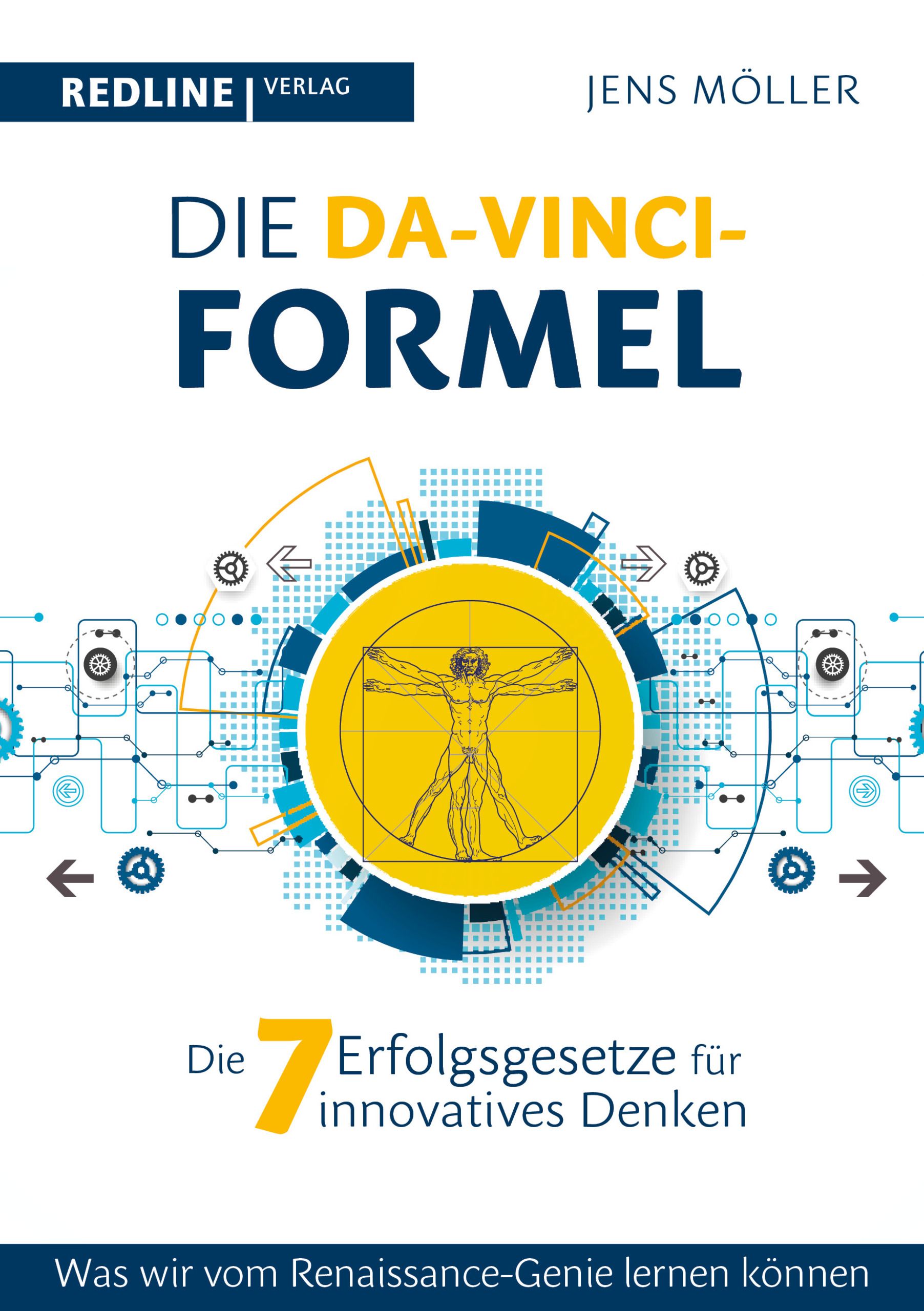 Buchcover mit Titel "Die Da-Vinci-Formel". Gelbe Schrift, Illustration des Vitruvianischen Menschen. Verlag Redline.
