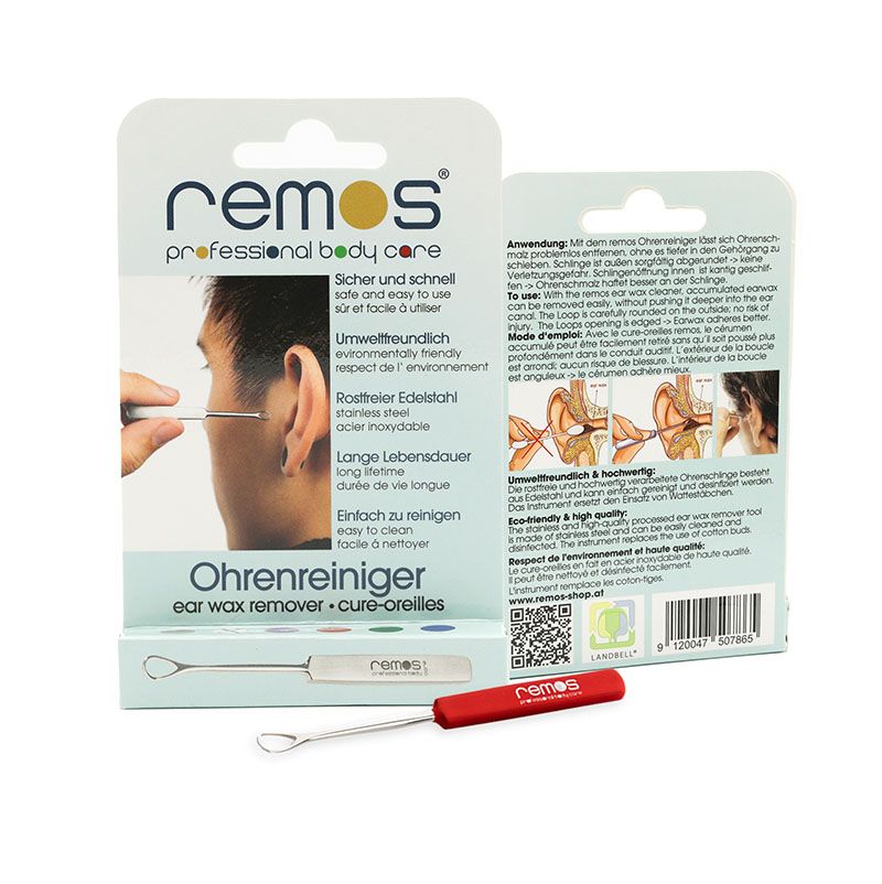 Verpackung mit Ohrreiniger und Produktabbildung. Text: remos professional body care. Ohrreiniger ear wax remover cure-oreilles.