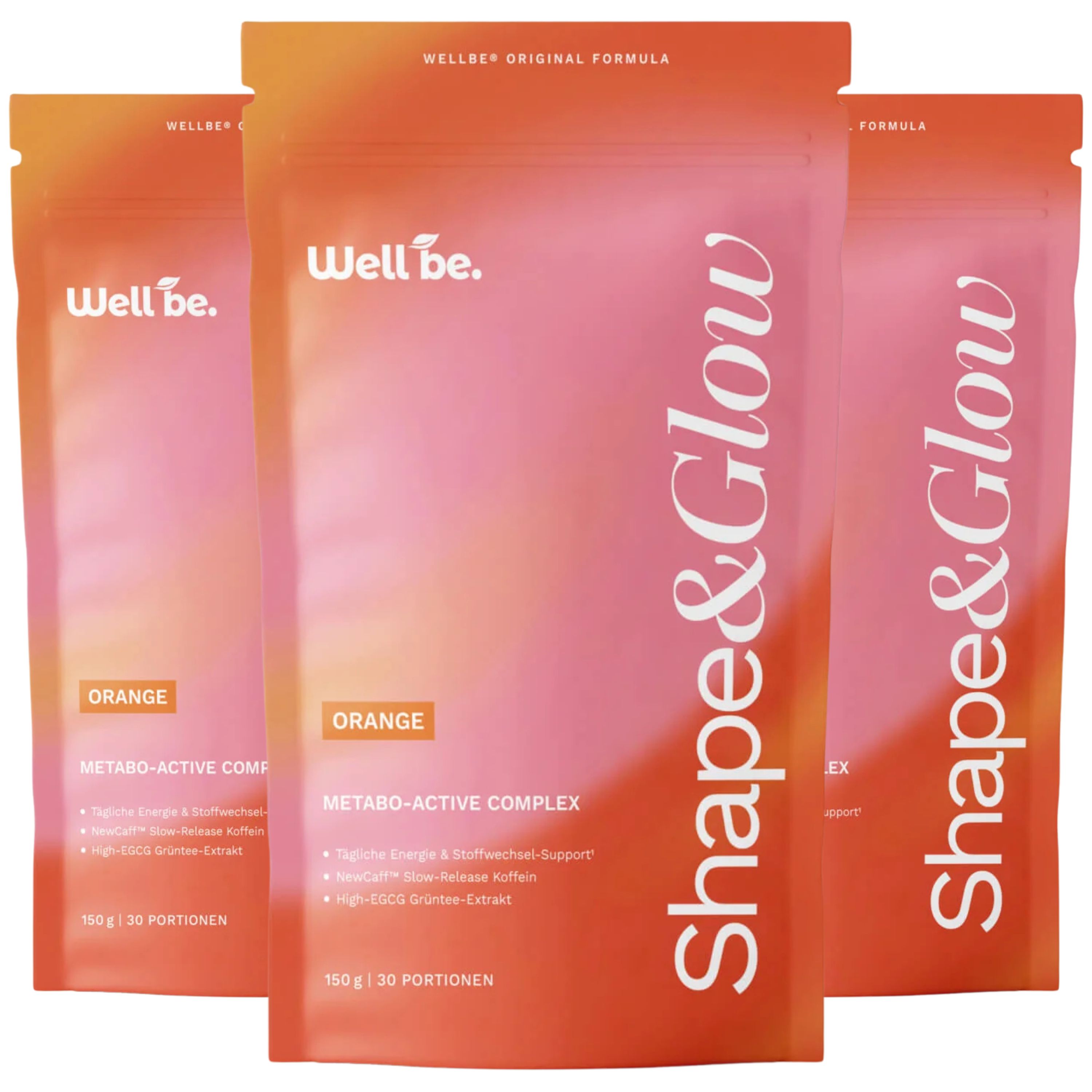 Drei Packungen Wellbe Shape & Glow Orange, Metabo-Active Complex, 30 Portionen.