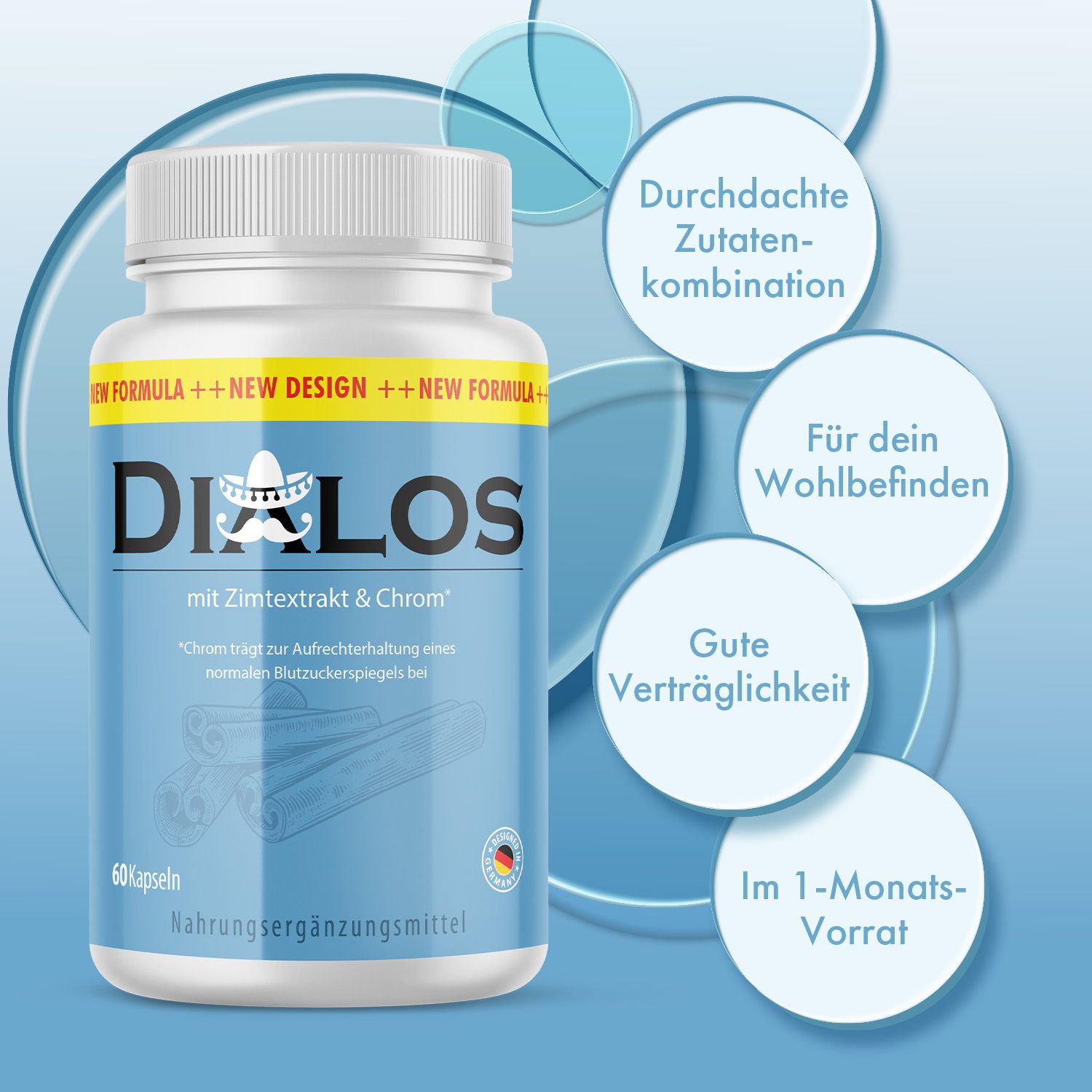 Blaue Flasche mit weißen Deckel. Aufschrift: Dialos mit Zimtextrakt & Chrom. 60 Kapseln. Nahrungsergänzungsmittel. Mit Deutschland-Flagge. Grafische Elemente.