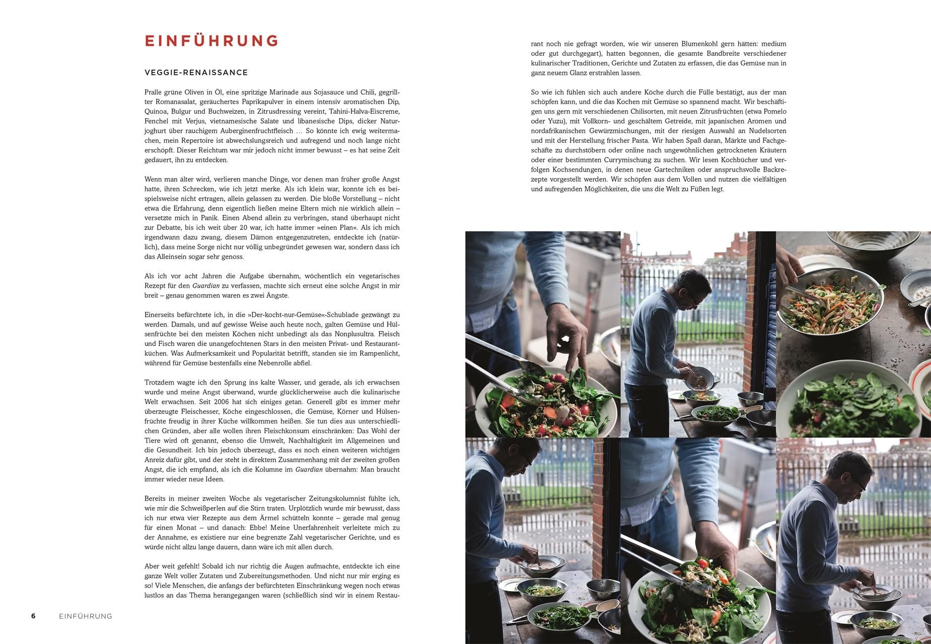 Buchseite mit Text und Fotos von Gerichten. Mehrere Fotos von Personen, die Salate zubereiten.