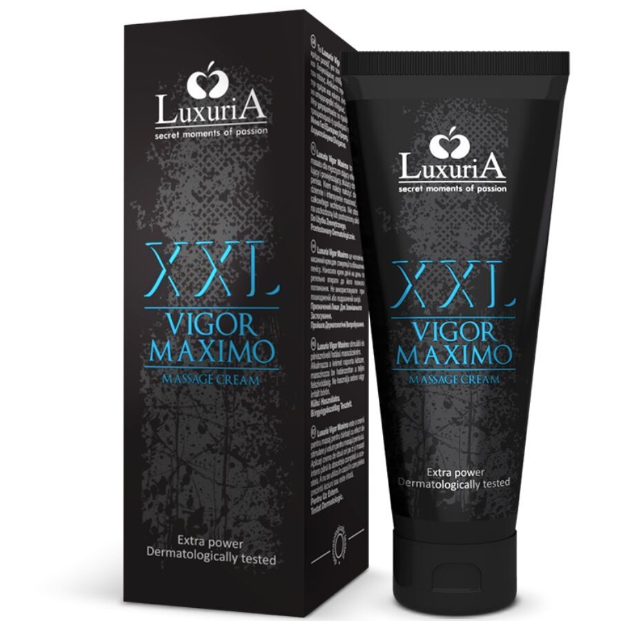 Schwarze Tube und Schachtel mit Produktnamen und Logo. Text: XXL Vigor Maximo Massage Cream. Dermatologisch getestet.