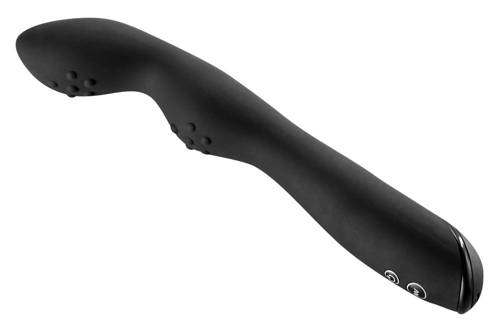 Schwarzer Vibrator mit geschwungener Form und erhabenen Noppen. Zwei Knöpfe am Ende.