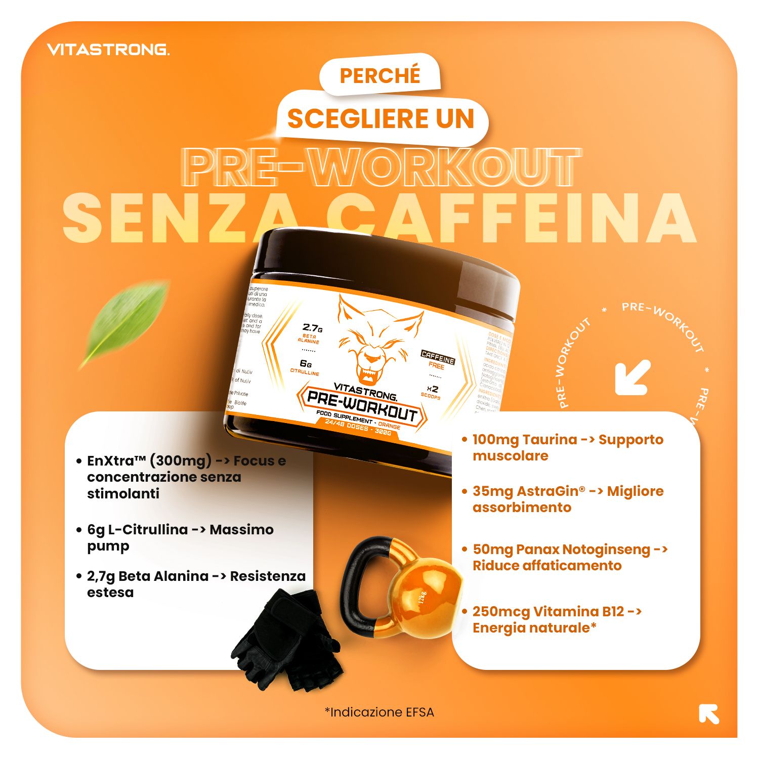 Schwarzes Produktglas mit weißem Etikett. Text: Pre-Workout Senza Caffeina. Zusätzliche Zutaten und Zubehör.