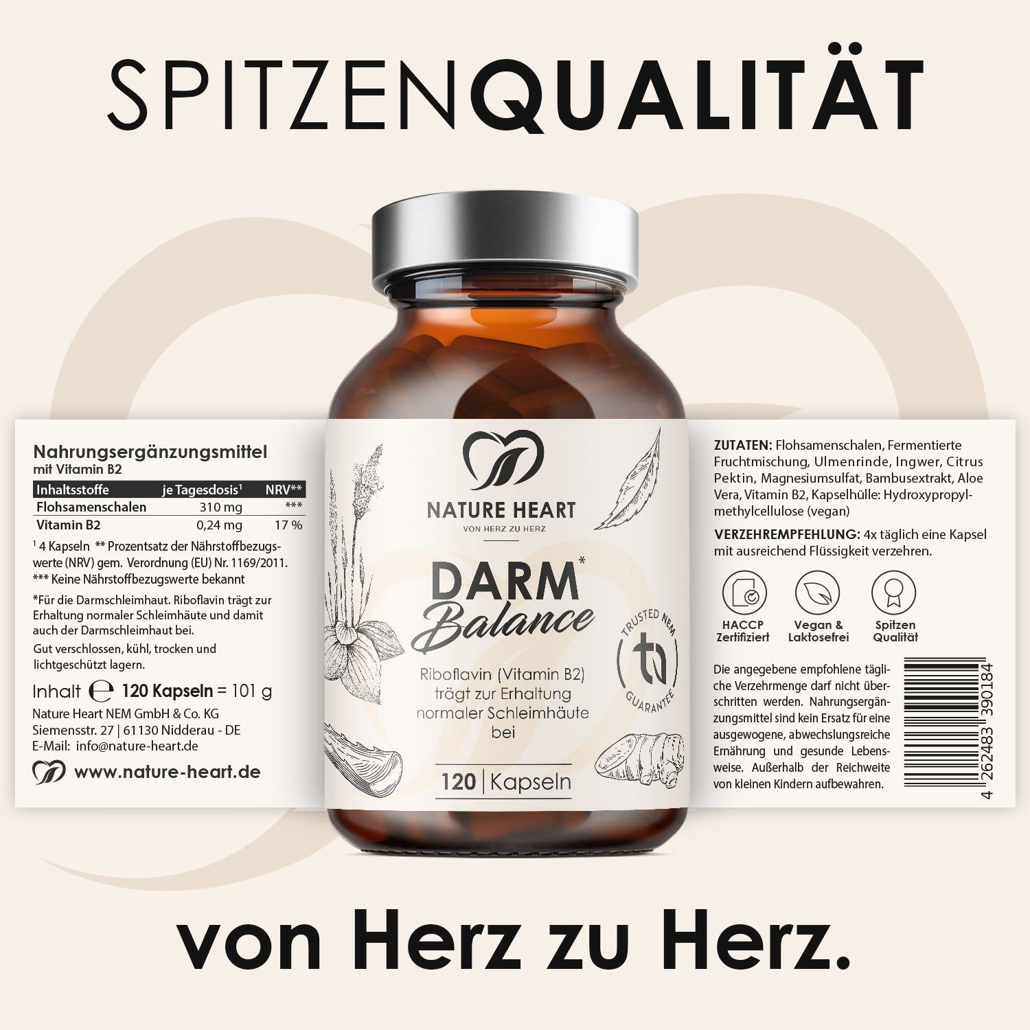 Nature Heart Darm Balance Kapseln in Braunglasflasche, 120 Stück. Informationen zu Inhaltsstoffen und Anwendung.