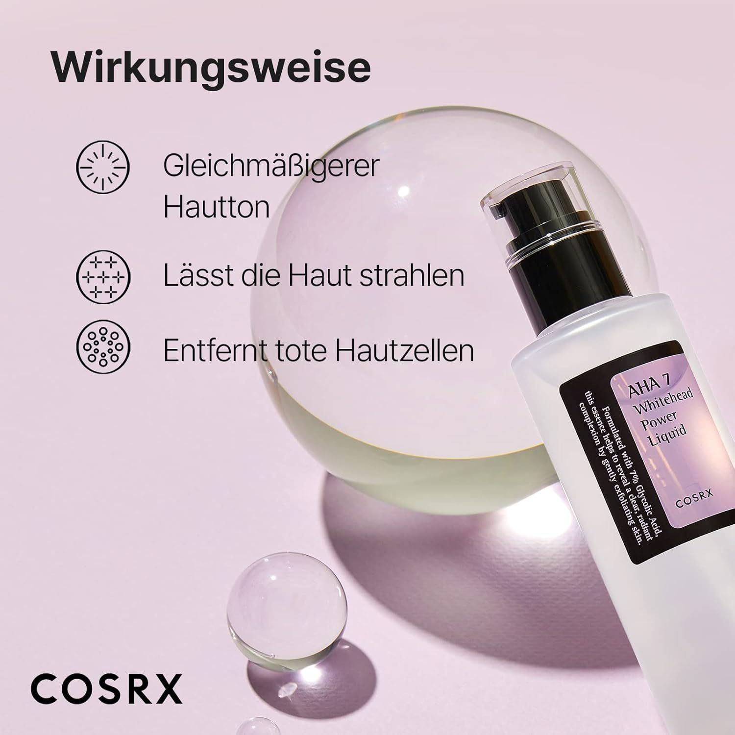 AHA 7 Whitehead Power Liquid Flasche neben einer Kugel. Text: Wirkung, Hautton, Glanz, abgestorbene Hautzellen.