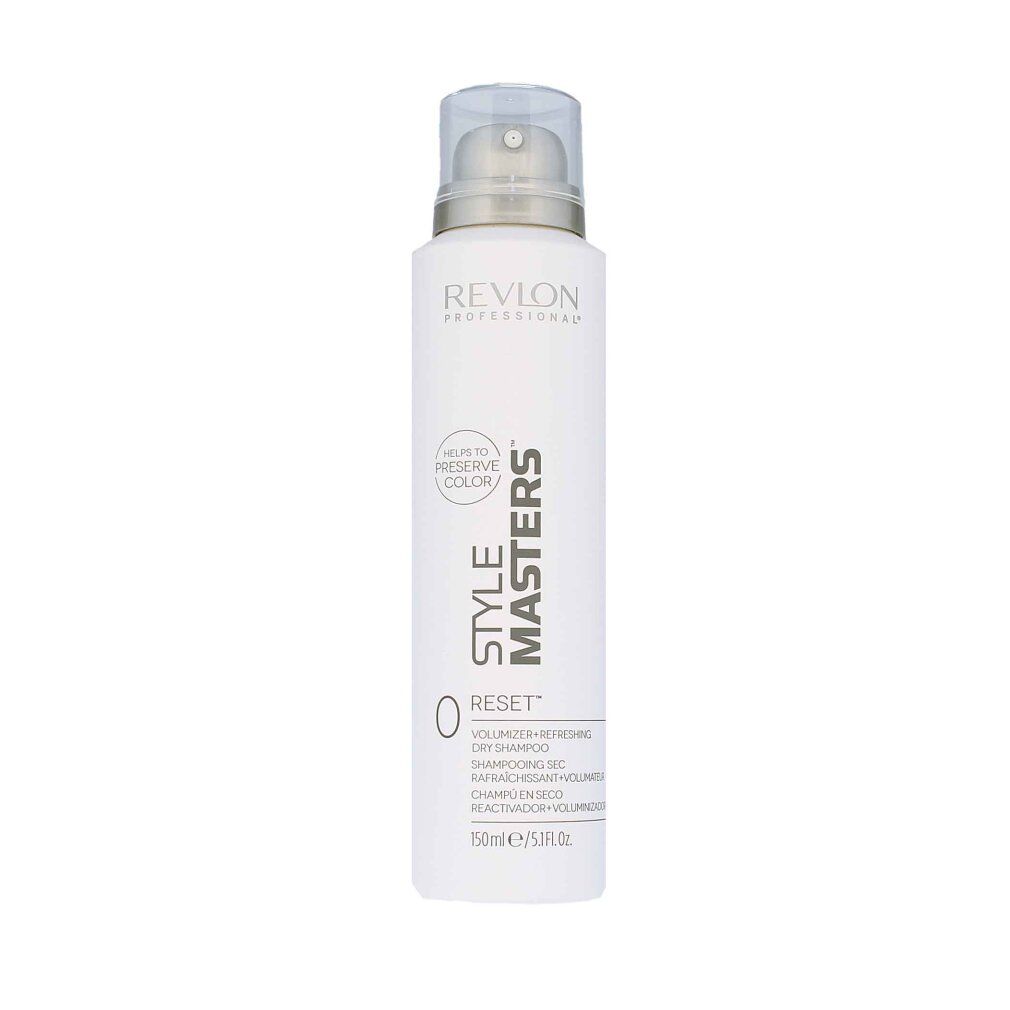 Weißes Shampoo-Spray mit silbernem Sprühkopf. Aufschrift: Revlon Style Masters Reset. Volumen-Shampoo.