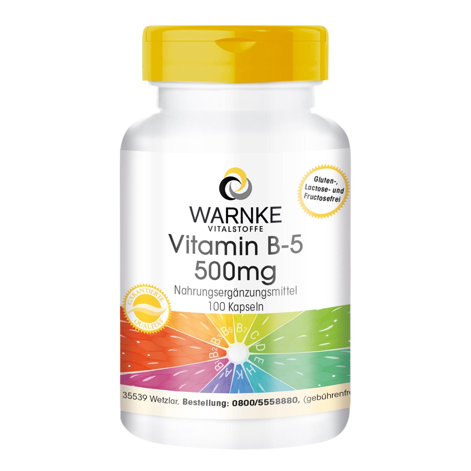 Weiße Flasche mit gelbem Deckel. Aufschrift: Warnke Vitalstoffe Vitamin B-5 500mg. 100 Kapseln. Gluten-, Laktose- und Fructosefrei.