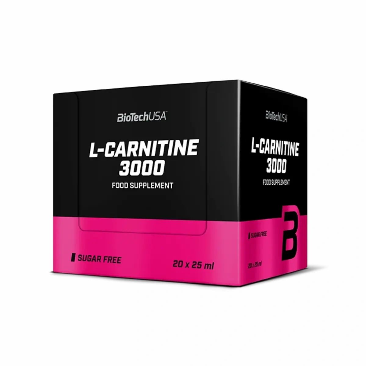 Schwarze Box mit pinkfarbenem Detail. Aufschrift: BioTechUSA L-Carnitine 3000, Nahrungsergänzungsmittel. 'Sugar Free' und 20 x 25 ml.