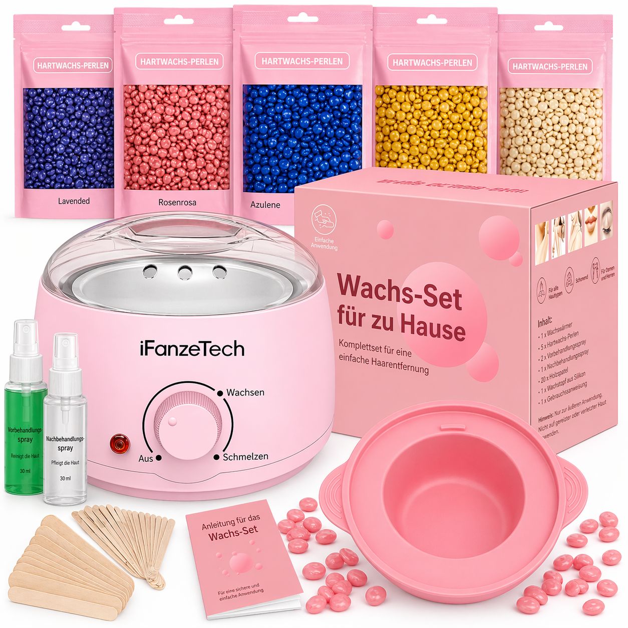 Waxing-Set mit Wachswärmer, Wachsperlen, Sprays, Spateln und Anleitung. Enthält auch eine rosa Box mit Produktinformationen.