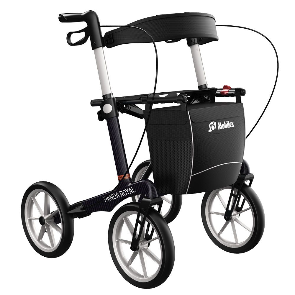 Mobiler Rollator mit Sitz, Tasche und vier Rädern. Höhenverstellbare Griffe und Bremsen.